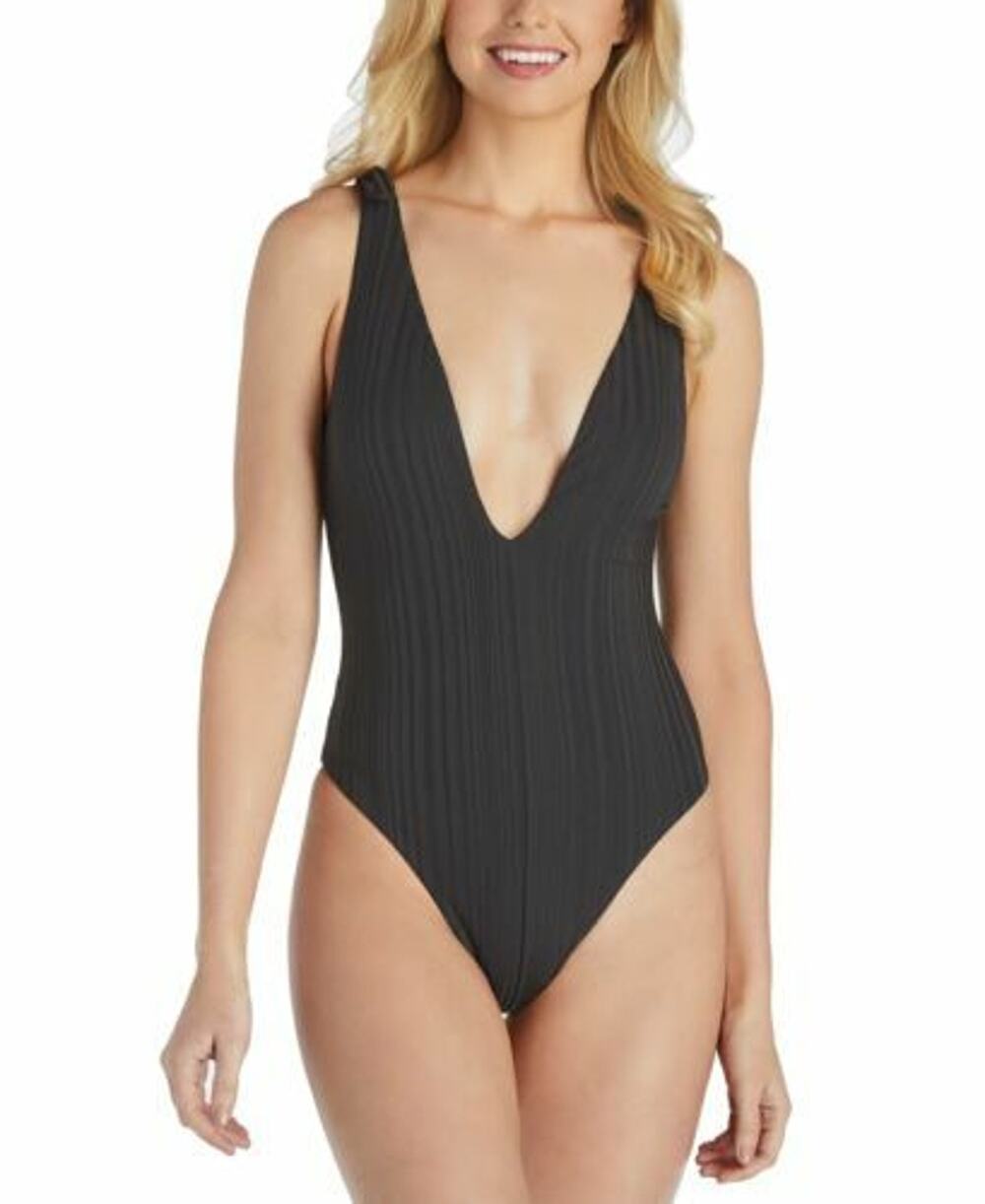 Raisins Juniors' Beach Cove Cheeky Textured Plunging One-Piece Black S Small New